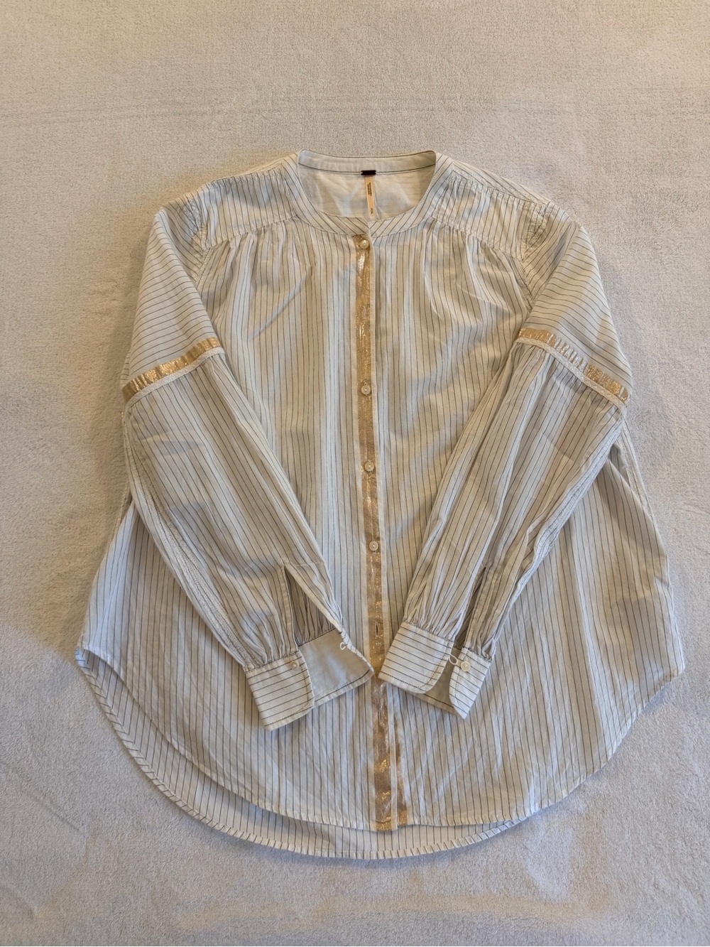 Free People Cream Blouse with Blue Pinstripes and Gold Trim - Picture 1 of 3